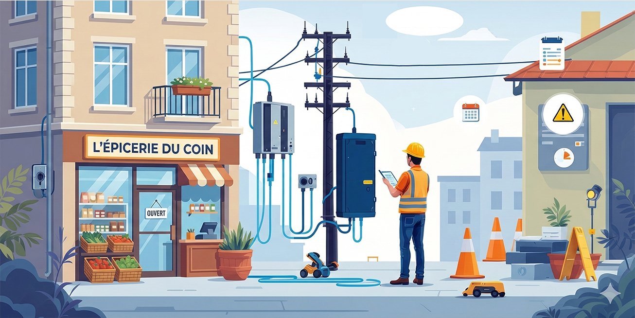 Installation d’un raccordement électrique Enedis dans une rue avec commerce