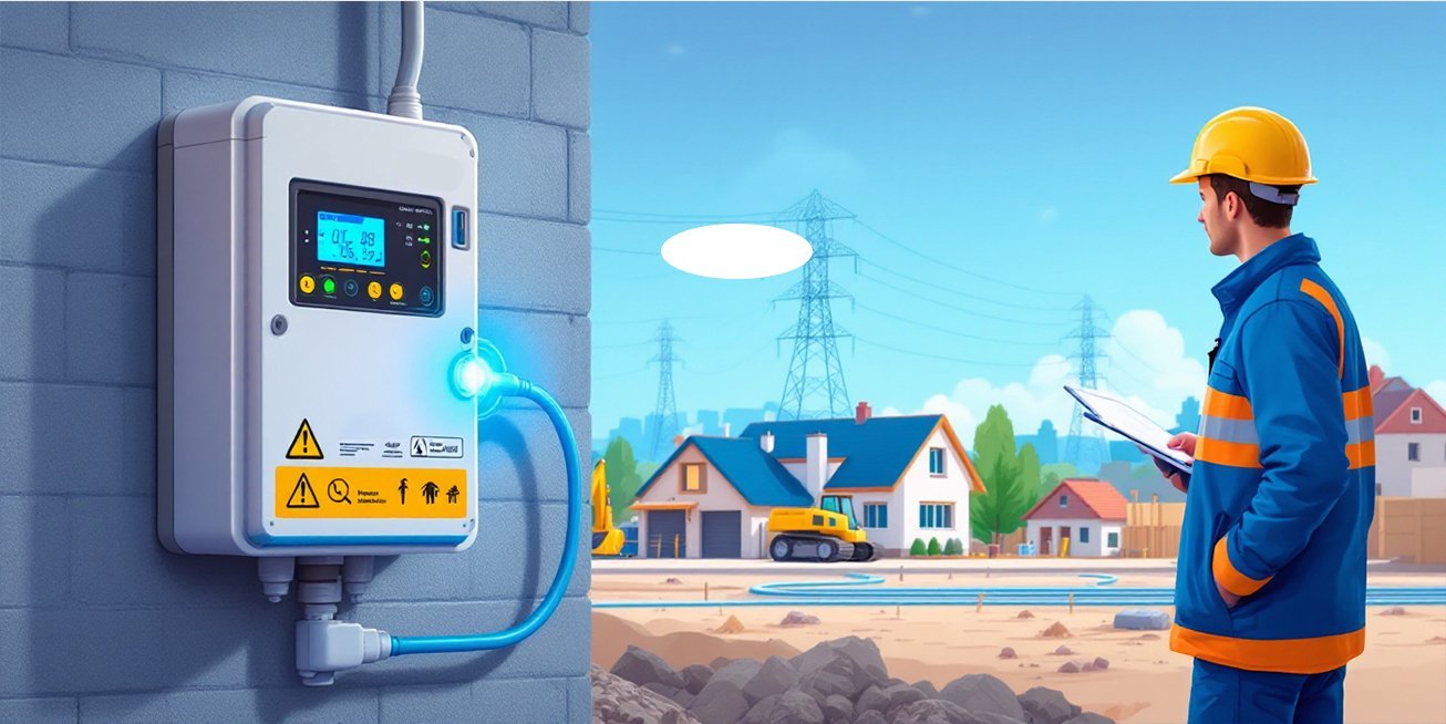 Compteur de chantier Enedis sur un site de construction.